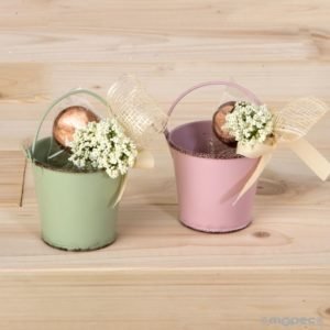 Cubo metálico verde y malva stdo.con flor y bombón pack 2